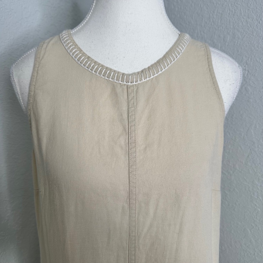 Magashoni Linen blend Sleeveless Tan Beige Midi Dress Embroidered Trim size med - Picture 9 of 9